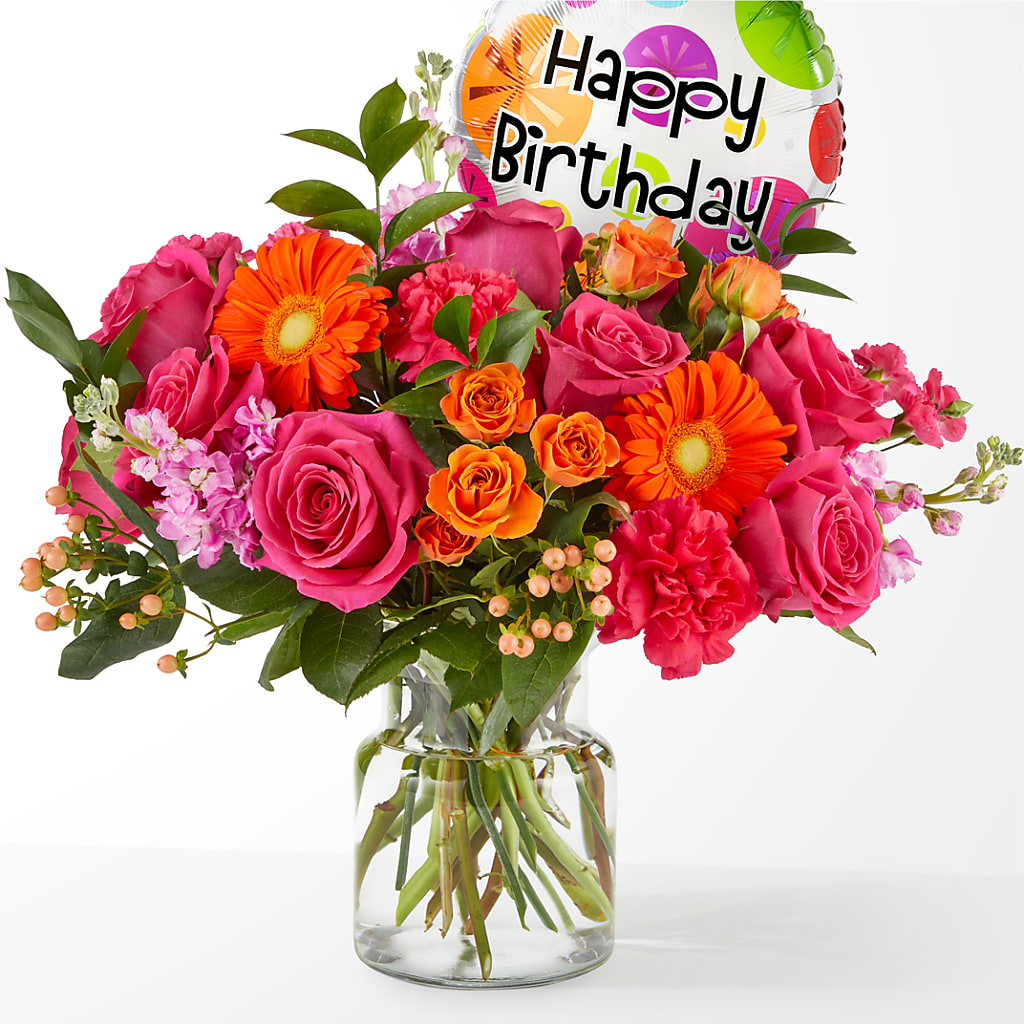 Fiesta Bouquet with Birthday Balloon – SUNSHINE FLOWERS & GIFTS, Joaquin TX