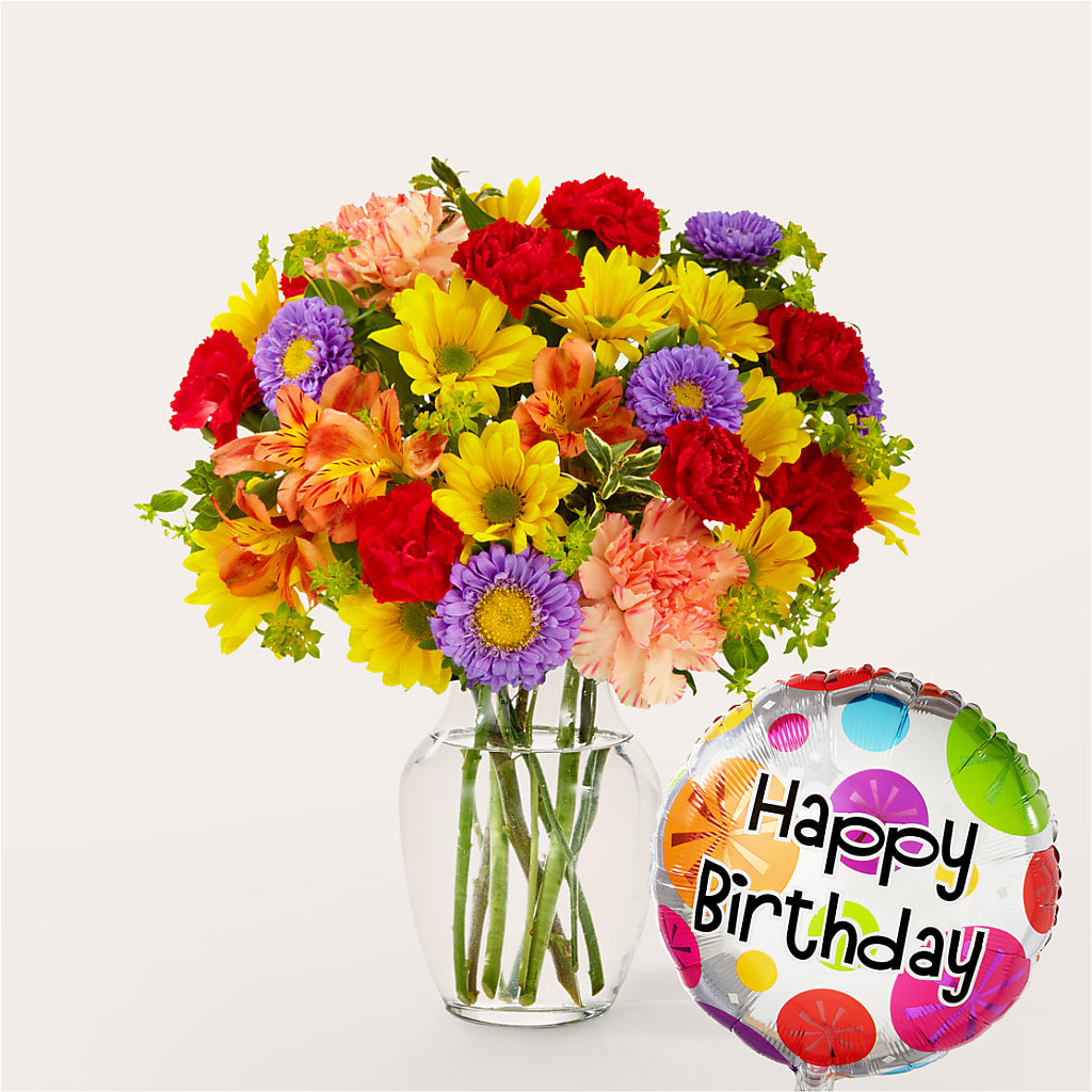 Kaleidoscope Bouquet with Birthday Balloon – SUNSHINE FLOWERS & GIFTS, Joaquin TX