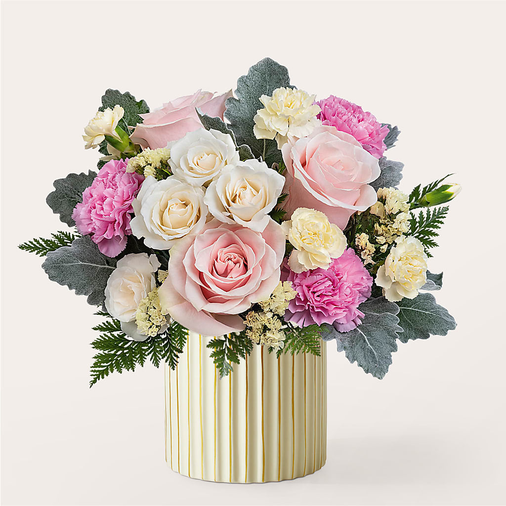 Blissful Moments Bouquet with Ivory Vase – SUNSHINE FLOWERS & GIFTS, Joaquin TX