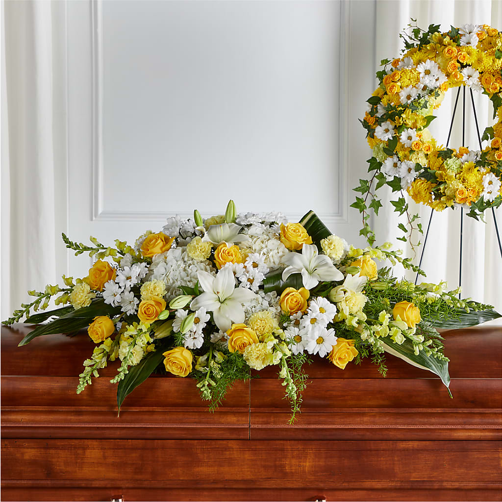 Golden Harmony Casket Spray – SUNSHINE FLOWERS & GIFTS, Joaquin TX
