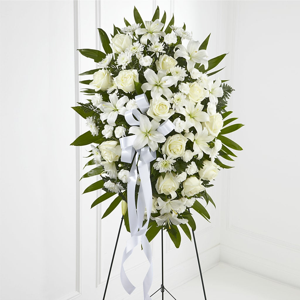 Exquisite Tribute Standing Spray-White Ribbon – SUNSHINE FLOWERS & GIFTS, Joaquin TX