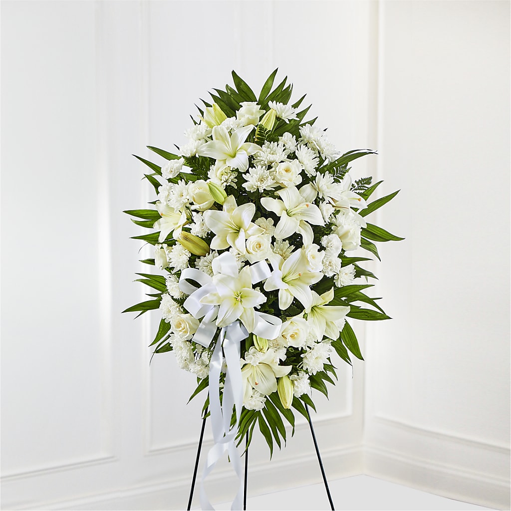 Exquisite Tribute Standing Spray-White Ribbon – SUNSHINE FLOWERS & GIFTS, Joaquin TX